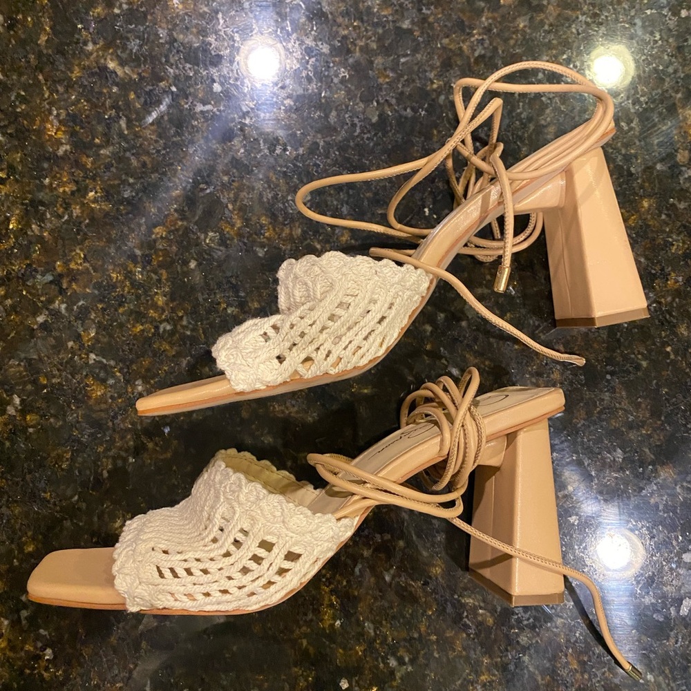 Jessica Simpson Cream Lace-Up Block Heels